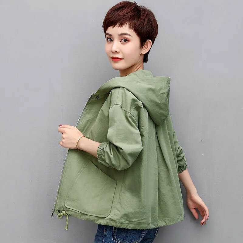 2024 New Spring Autumn Short Jacket Fashion Korean Version Women's Coat Hooded Pocket  Windbreaker Outerwear Tops Female