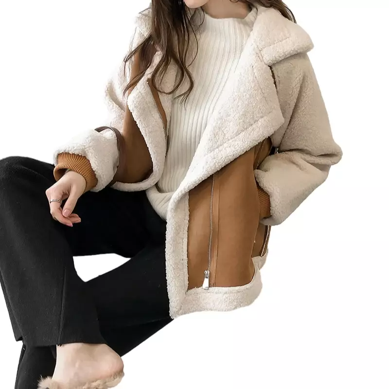Women Loose Turn Down Collar Coats Zipper Pockets Thick Full Sleeve Winter Solid Regular Casual Splice Ladies Jackets 2023