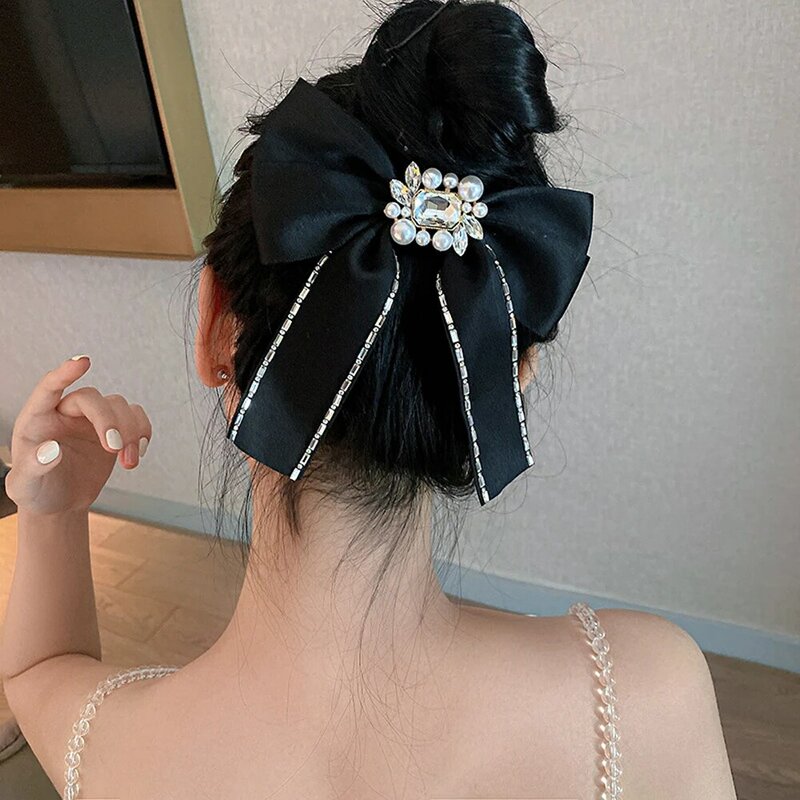 Nowe eleganckie nakrycia głowy na kucyk dla kobiet kokardy spinki do włosów z perłą zacisk sprężynowy akcesoria do włosów kryształ