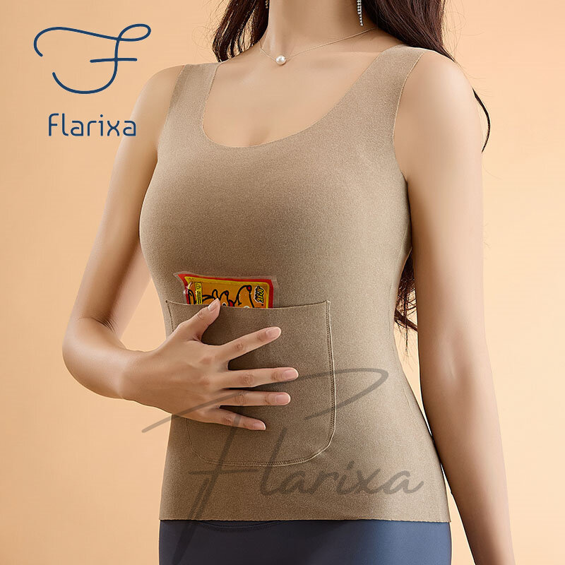 Flarixa Autumn Winter Thermal Vest Women's Thermal Underwear Double Pocket Thermal Tank Top Sleeveless Thermo Lingerie Warm Vest