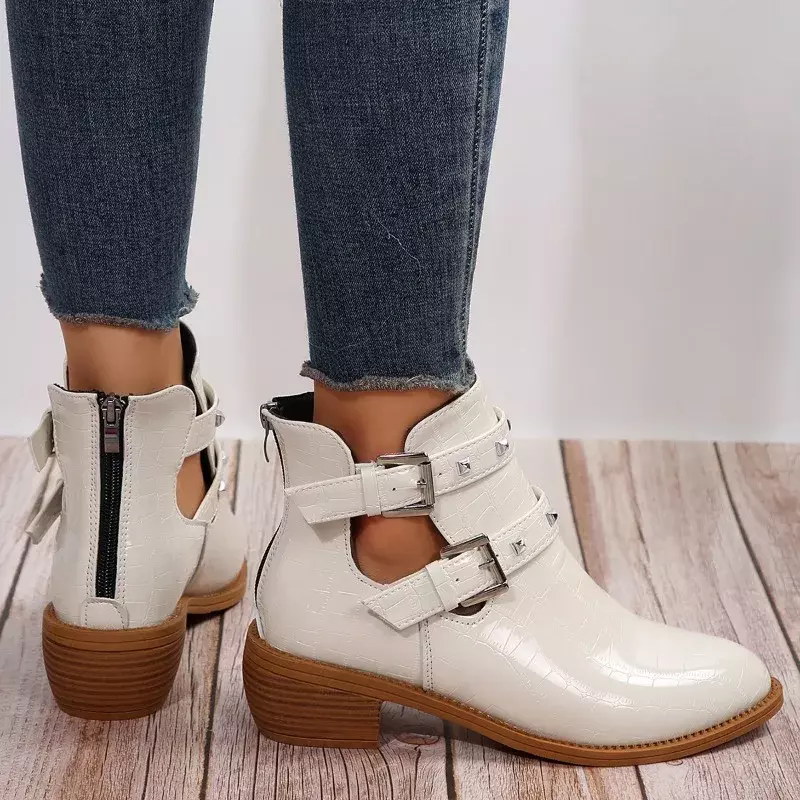 Botas con remaches y hebilla De cinturón para Mujer, Zapatos con plataforma blanca De alta calidad, a la moda, invierno, 2023