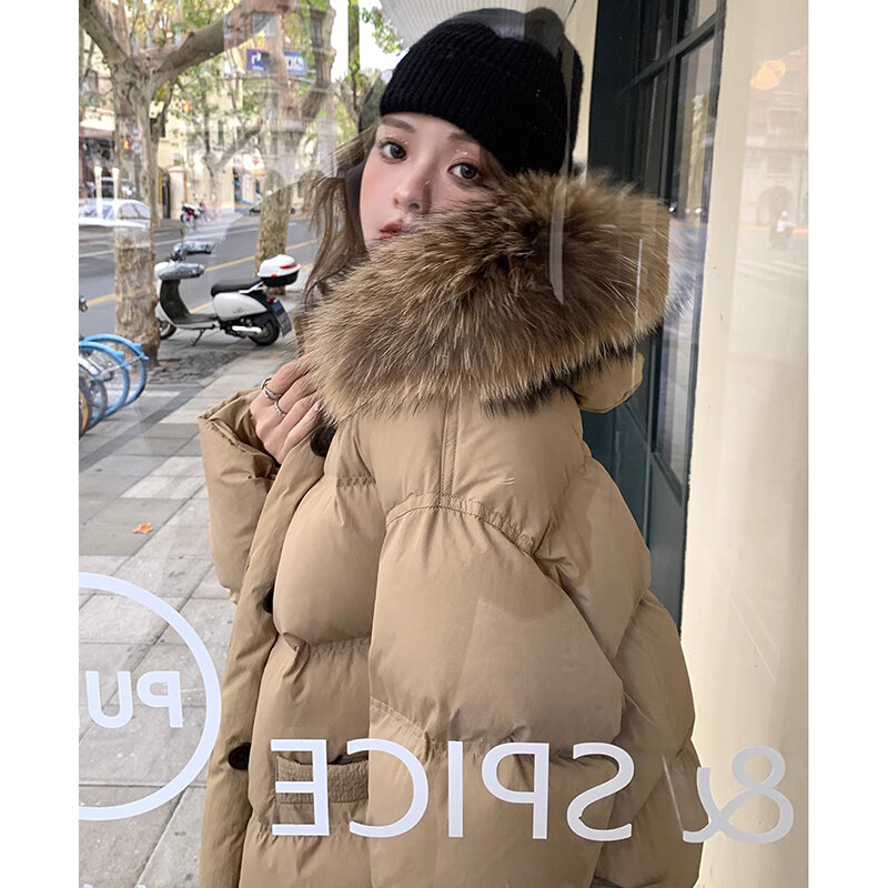 대형 모피 칼라 파카 빵 여성 의류, 따뜻한 짧은 코트, 두꺼운 면 패딩 재킷, 여성 후드 아우터, 겨울