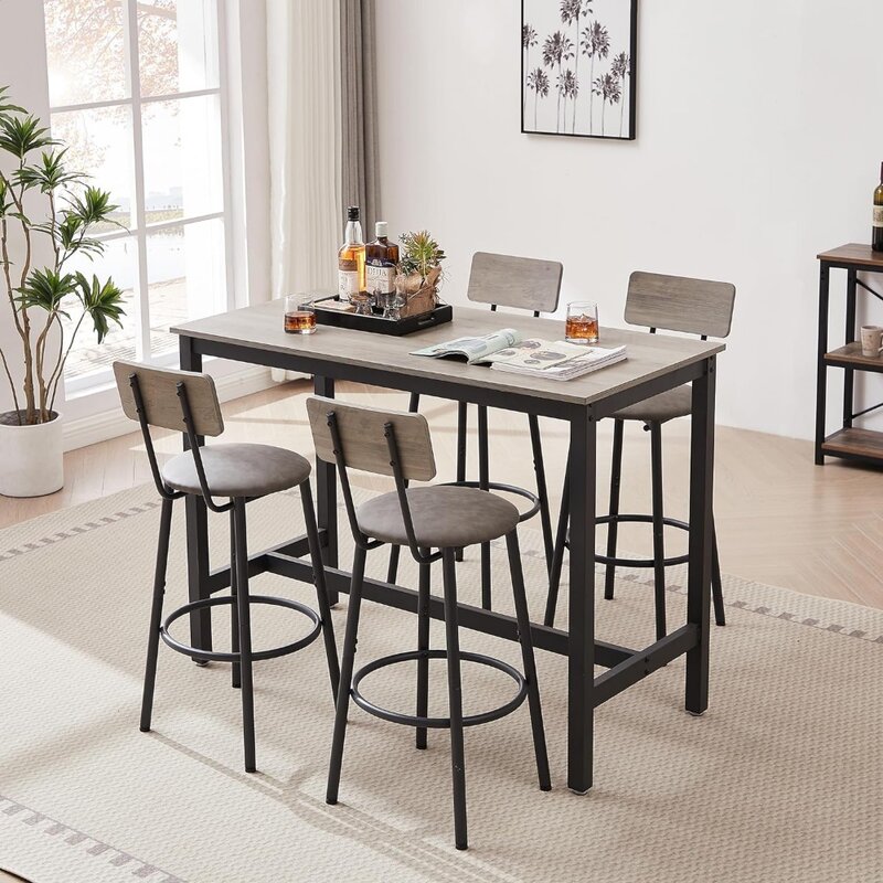 4-piece bar table and chair set,industrial tabletop height bar table set, with 4 PU cushioned seat stools,backrest and footstool