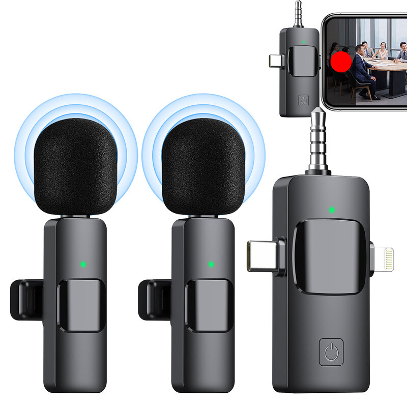 ノイズリダクション付きワイヤレスラベリアマイク,iPhone, iPad, Android,3 in 1カメラ用USB-Cマイク