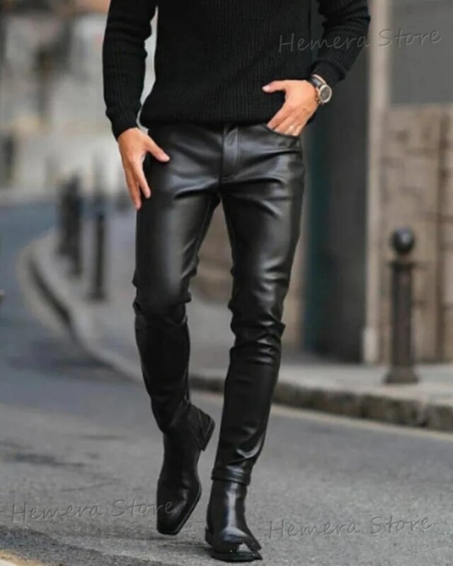 Прямая поставка, кожаные брюки для мужчин, эластичные модные брюки из искусственной кожи, уличная одежда, весна-осень 2023, мотоциклетные брюки
