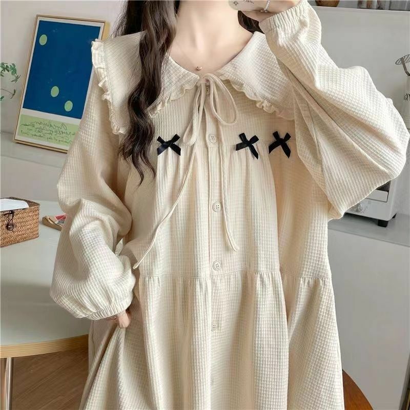 Sweet new spring autumn pajamas women cute bows high-looking long-sleeved nightgown home clothes can be worn outside aesthetic