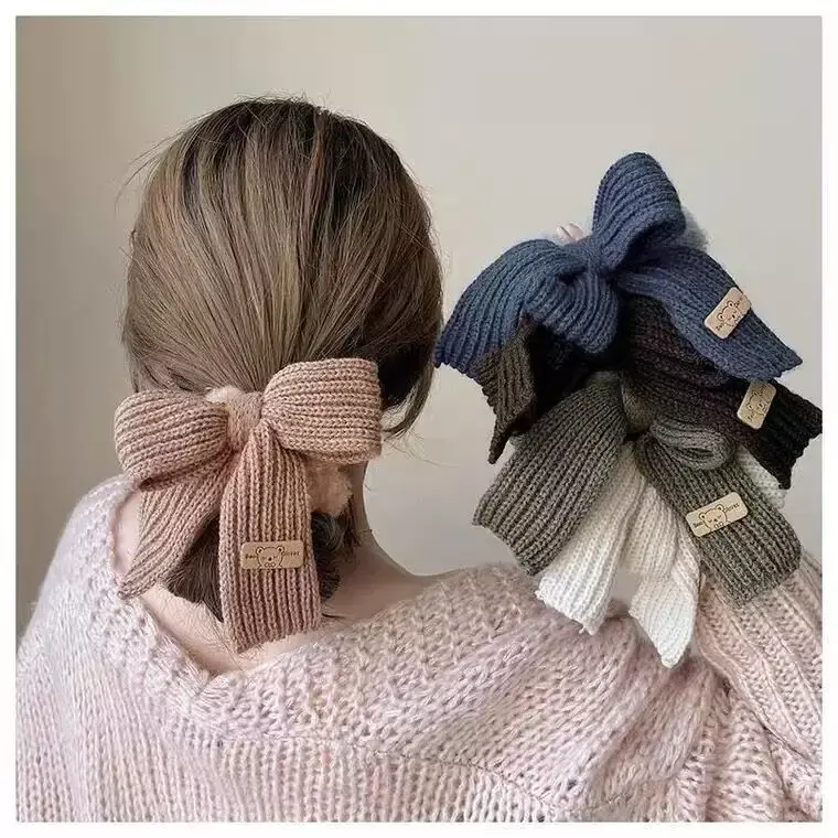 Lã de cordeiro monocromática laço cabelo, anéis de cabelo intestinal, malha acessórios para meninas, novo, outono e inverno