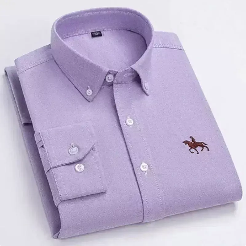 Camisa giratoria Oxford de manga larga para hombre, camisa 100% de algodón puro con bolsillo bordado, estilo de botones, suave, mediana, S ~ 7XL