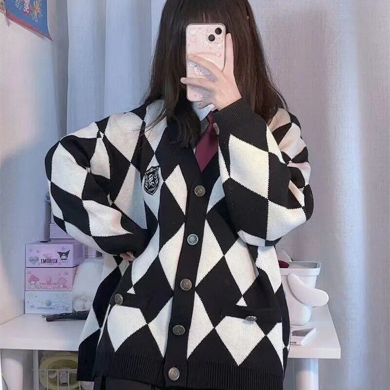 Korean JK Campus Style Sub-knitted Sweater Cardigan for Women in Autumn Winter Loose Long-sleeved checker Outwear Lady Coat