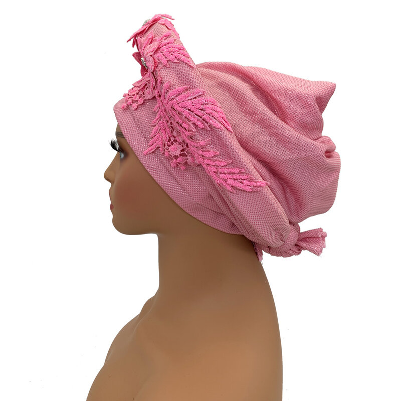 Elegan Afrika Autogele wanita topi Turban Nigeria pernikahan Gele siap untuk memakai ikat kepala dengan bordir renda pesta hiasan kepala