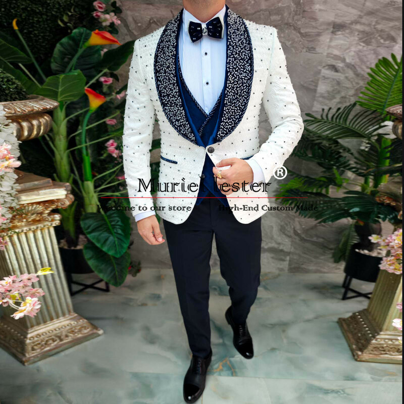 Jacquard Groom Wedding Suits For Men Luxury Crystals Beaded Jacket Vest Pants 3 Pieces Formal Groom Tuxedos Banquet Men's Dress