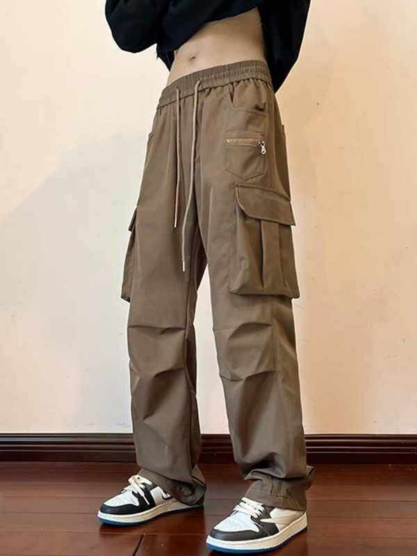 Spodnie Cargo męskie jednolite, z kieszeniami jesienne sznurki na całej długości luźne, dopasowane, codzienne wygodne eleganckie spodnie