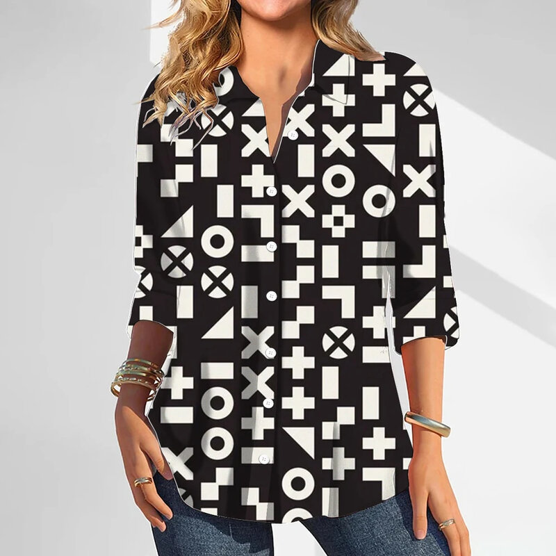 Camisas femininas com botões xadrez estampados em 3D, tops de manga comprida, tamanho grande, retrô, casual, nova para primavera e verão, 2024