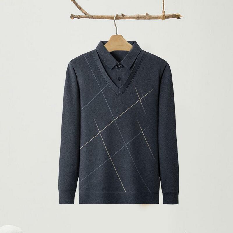중년 남성 비즈니스 스웨터 패치워크 줄무늬 단추 라펠, 두꺼운 따뜻한 루즈핏, 아버지 스웨터, 가을 겨울
