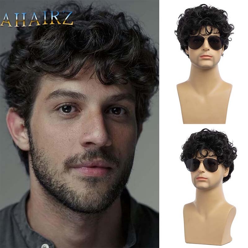 Wigs for Men Synthetic Short Black Curly Wigs With Bangs Cosplay Daily Use Heat Resistant Fiber Fake Hair