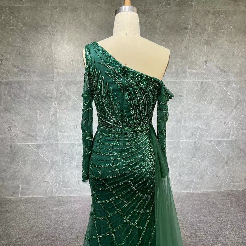 Изумрудно-зеленое вечернее платье с одним открытым плечом и юбкой-годе с длинными рукавами Роскошные свадебные платья Дубая 2024