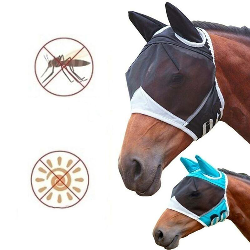 1 buah anti-lalat Mesh Equine masker kuda hidung panjang dengan telinga kuda Masker peregangan Bug mata kuda terbang masker dengan telinga tertutup