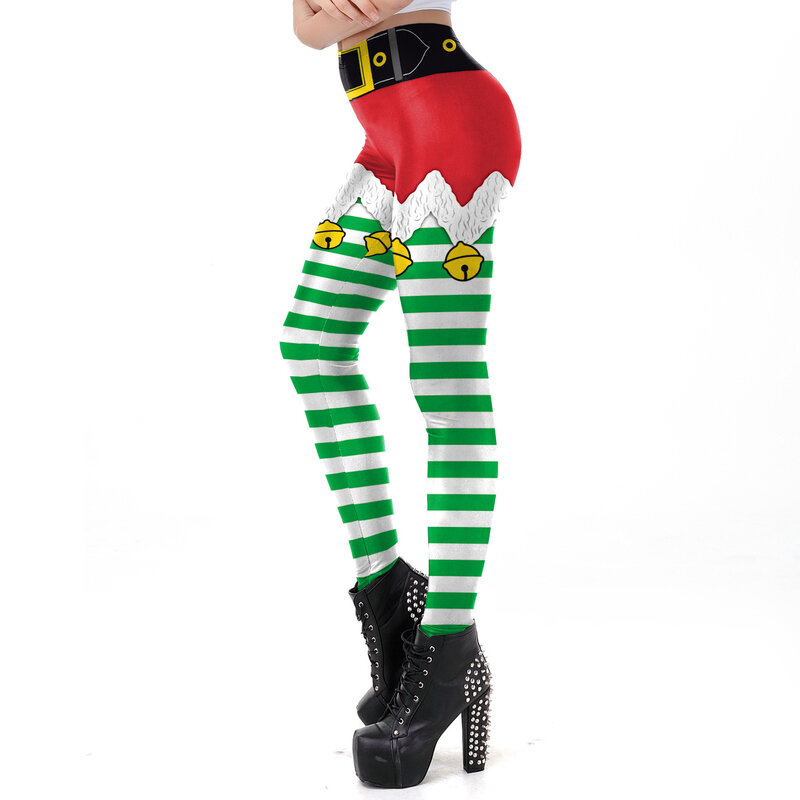 Nadanbao Christmas Funny Holiday Party Pants Women Green Stripe Printing Leggings Female Mid Waist Elastic Tights Trousers