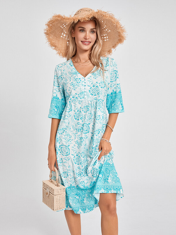 2023 Sommer Frauen Kurzarm Boho Kleid lässig V-Ausschnitt Blumen Party A-Linie Kleid für Strand Cocktail Streetwear