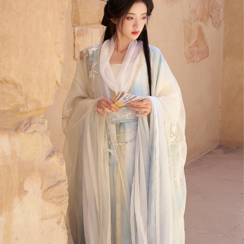 Крутая двухслойная Китайская традиционная одежда Хань длинная рубашка костюм с принтом для женщин