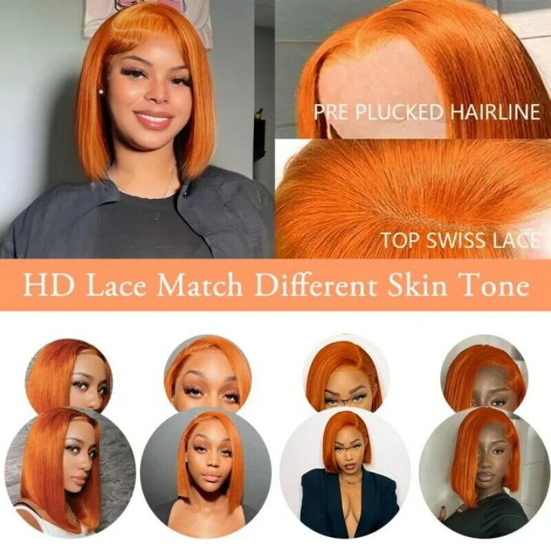 Ginger Lace Frontal Human Hair Bob Wigs Colored Glueless Wigs 150% Density Brazilian Remy Hair 100% Human Hair 10 12 14 16 Inch