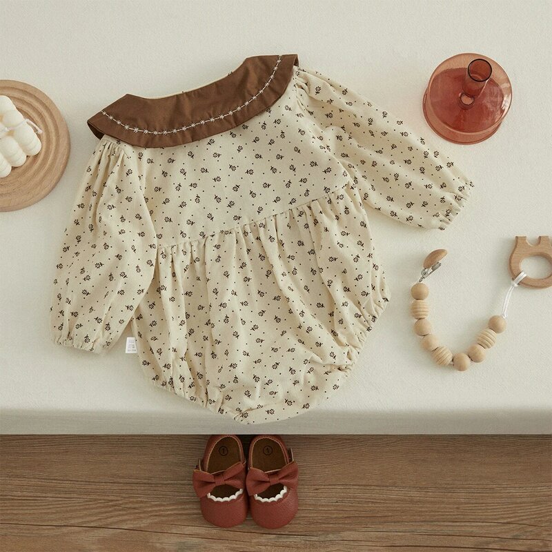 VISgogo Infant Baby Girl Corduroy Romper Doll Collar Long Sleeve Floral Romper Baby Sweet Style Jumpsuit Spring Fall Clothes