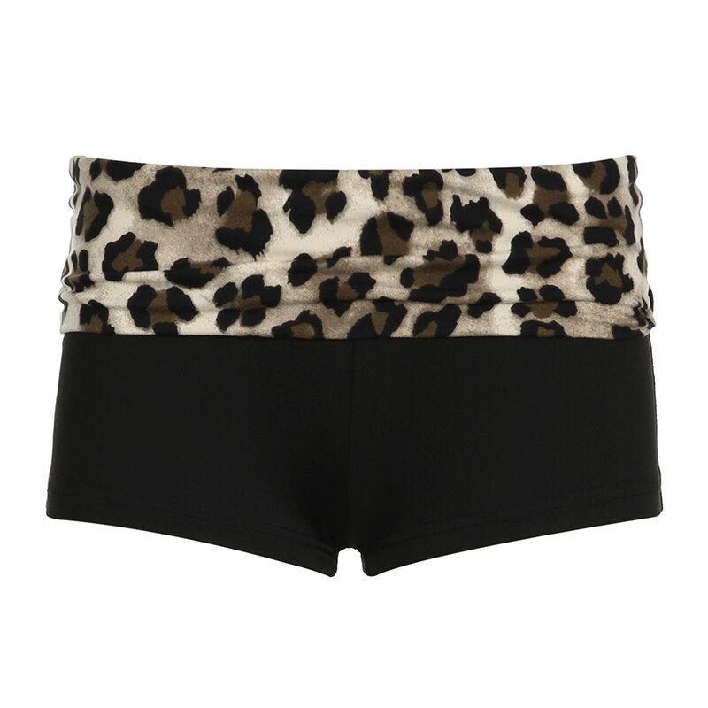 HEYounGIRL-leopardo impressão patchwork cintura baixa Shorts das mulheres, Skinny Black Mini Shorts, High Street Clubwear, moda retro sexy, Y2K