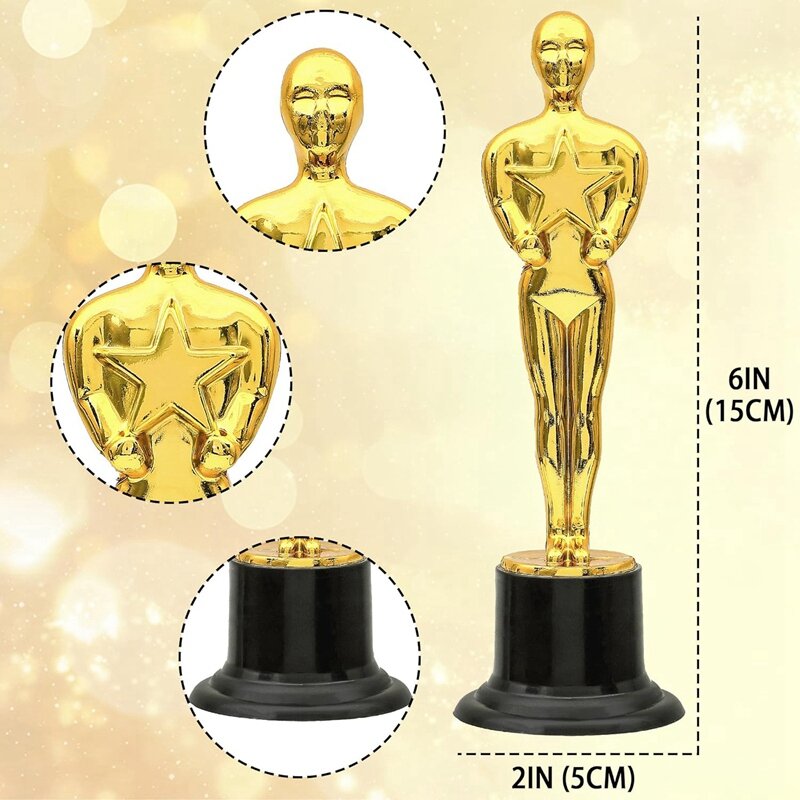 Paquete de 12 trofeos de premio de plástico dorado para decoraciones de fiesta, favores de fiesta, recuerdo de fiesta de noche de película, Premio escolar dorado + negro
