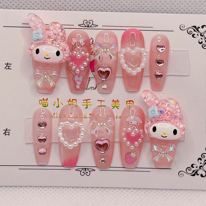 Hello Kitty False Nail Kawaii Sanrio Accessories Anime Y2k Kuromi Filler False Nail Design Removable Manicure Jewelry Girl Gift