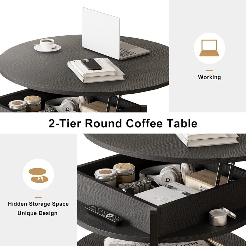 거실용 농가 커피 테이블, 원형 리프트 탑, 보관실 및 숨겨진 칸막이, 응접실, 35.43 인치