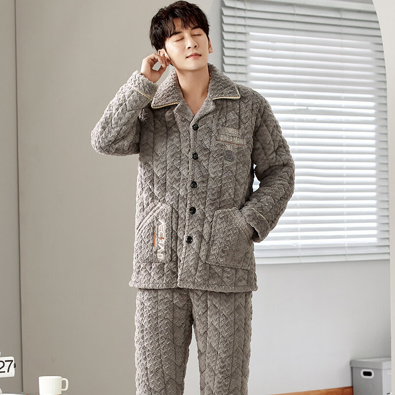 Coral velvet quilted pyjamas male 3 layers thickening warm winter quilted jacket men's pajamas jacquard pijamas hombre inverno