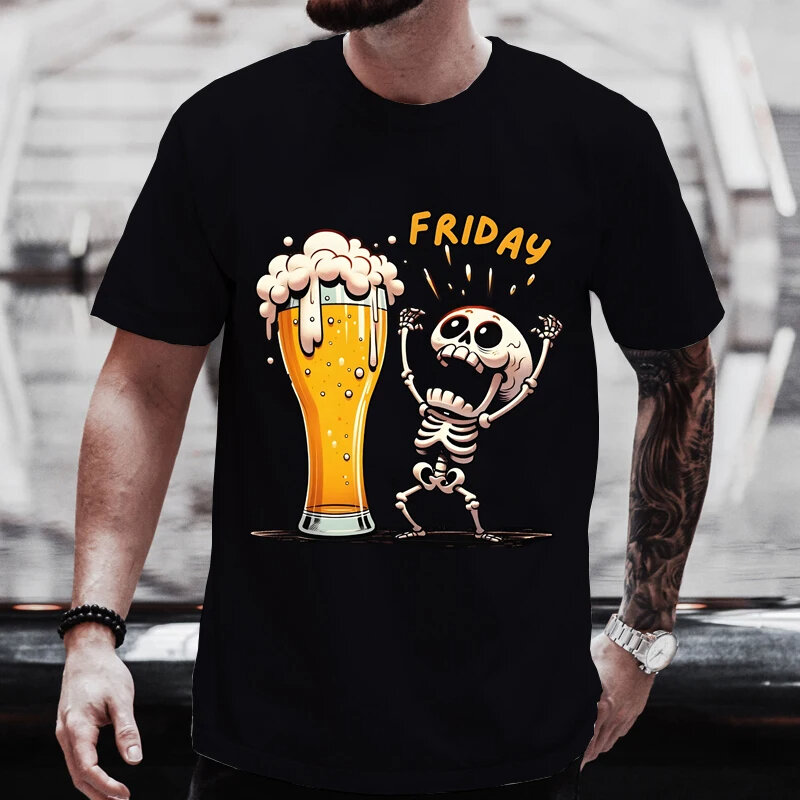 Camiseta estampada de cerveja desenho animado 3D masculino, padrão caveira, engraçado em O-pescoço, blusa de rua, extra grande, nova moda, verão
