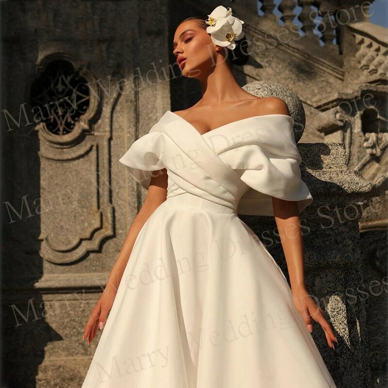 Elegant Simple Stain Wedding Dresses A Line Off the Shoulder Pleat Bride Gowns Pretty Open Back Sweep Train Vestidos De Novia