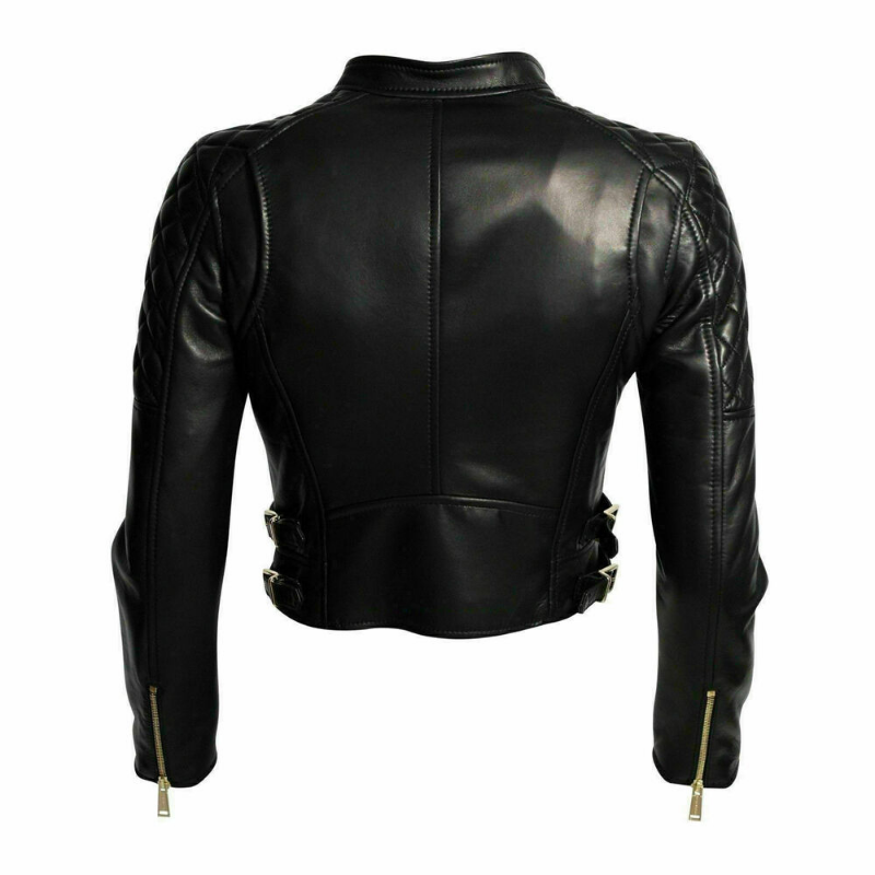 Casaco de couro feminino preto moderno motocicleta genuína pele de cordeiro ajuste fino casual