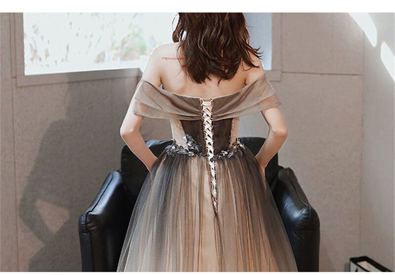 오프 숄더 무도회 드레스, 3D 플라워 아플리케 비즈 튤 이브닝 드레스, 샴페인과 브라운 짧은 소매 동창회 가운, 마리에 적합