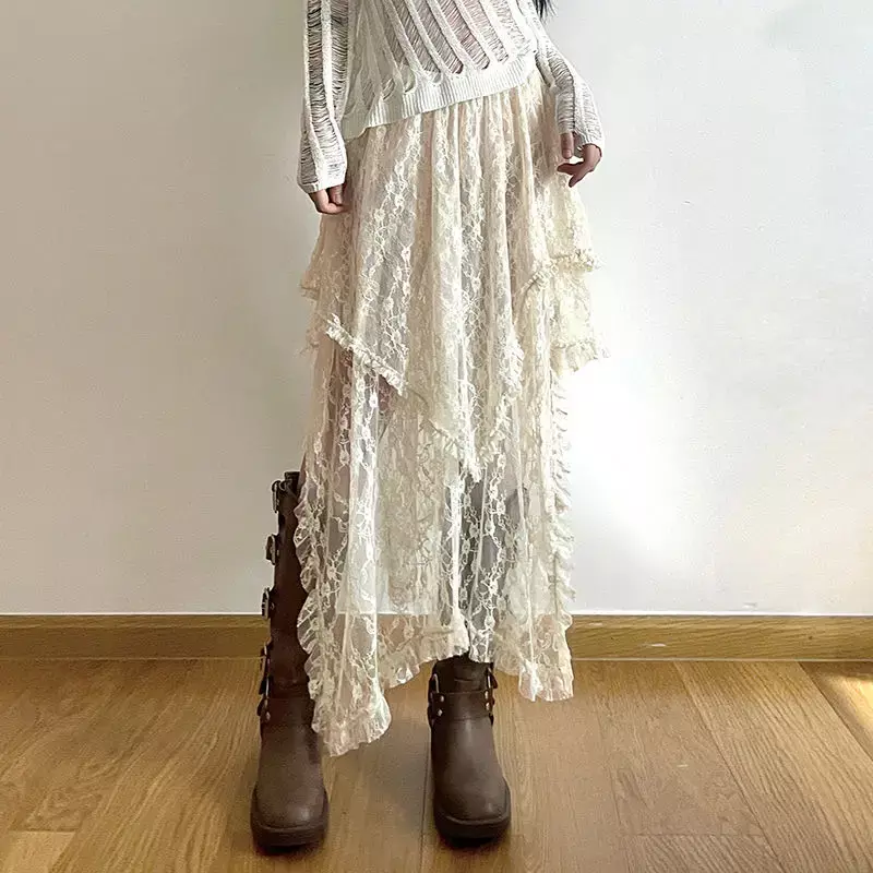 HOUZHOU rok asimetris renda Fairycore wanita Vintage Y2K Boho model estetika pinggang tinggi rok sedang pakaian liburan wanita