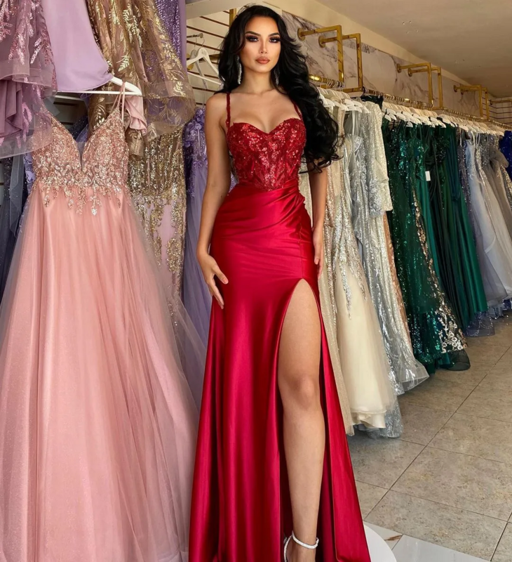 Gaun Prom putri duyung merah seksi untuk wanita hitam lipatan berpayet sisi tinggi pakaian Formal kontes gaun pesta resepsi kedua