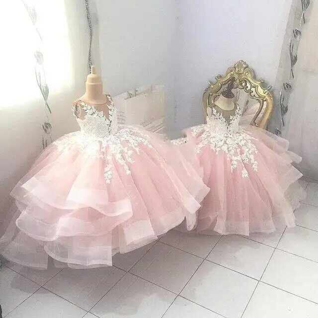 Gaun perempuan renda bunga gaun pesta tingkat tipis gaun pengantin anak perempuan kecil gaun kontes Komuni murah
