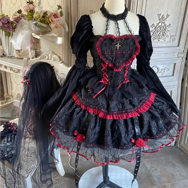 Dunkle gotische Lolita-Stil Kleider viktoria nischen Frauen Spitze Neck holder Bandage Korsett Jsk Kleid japanische Mode Urlaub Party kleid