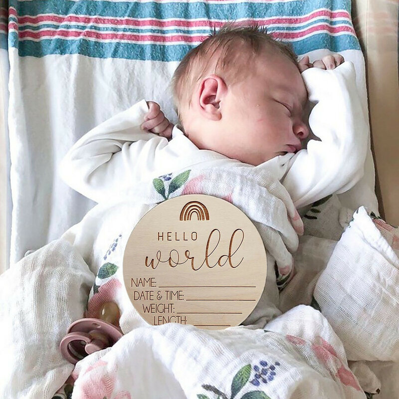 Señal de anuncio de recién nacido 4in, señal de llegada de bebé, nuevo anuncio de bebé, placa de madera, arco iris, señal de bienvenida para recién nacido, nombre de bebé