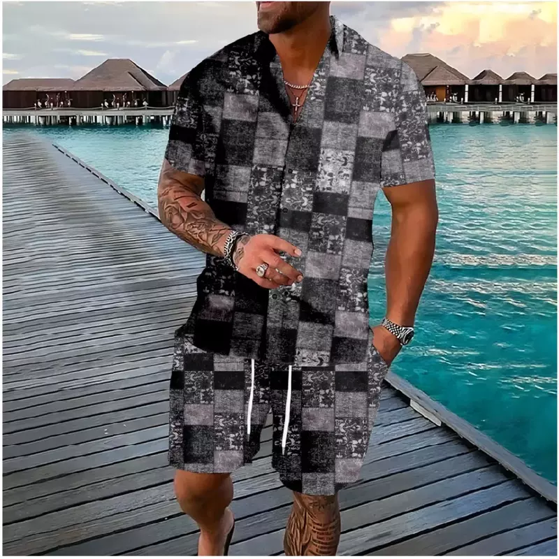 Hawajskie koszule z kratką punkowym guzikiem spodenki dresy w kolorze zestawy garniturów Streetwear Hipster casualowa odzież plażowa męska