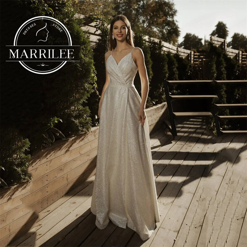 Marrilee-faísca alta fenda lado vestido de casamento, A-Line, V-Neck, vestidos de noiva sem encosto, fenda lateral alta sexy, comprimento do chão, sem encosto, luxo, 2024