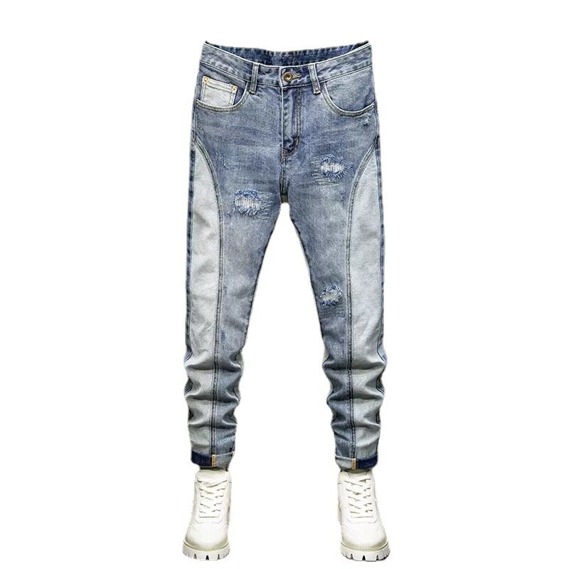 Główna ulica modne dżinsy męskie ze splecionym designerskim niebieskie w stylu Retro, elastycznym dopasowaniem z dziurami dżinsów dla mężczyzn Hip Hop spodnie dżinsowe Hombre
