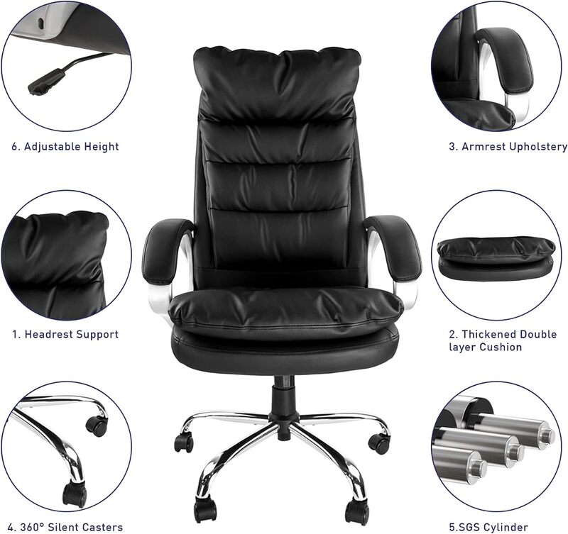 Cadeira de escritório de couro com braços e almofada espessa, ajustável Executive Swivel Tas, Costas altas Mesa do computador