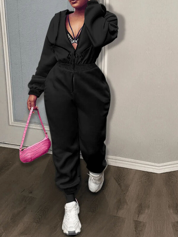 LW Plain Jumpsuits Zipper Up Casual Sporty Street Plain Hoodie Jumpsuits Drawstring Solid Color Long Pants With Pockets