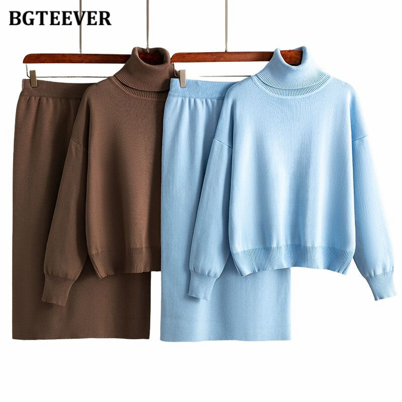 BGTEEVER Casual Loose Female Knitted Skirts Outfits Turtleneck Pullovers Ladies Hip Package Skirts Autumn Winter Sweater Set Wom