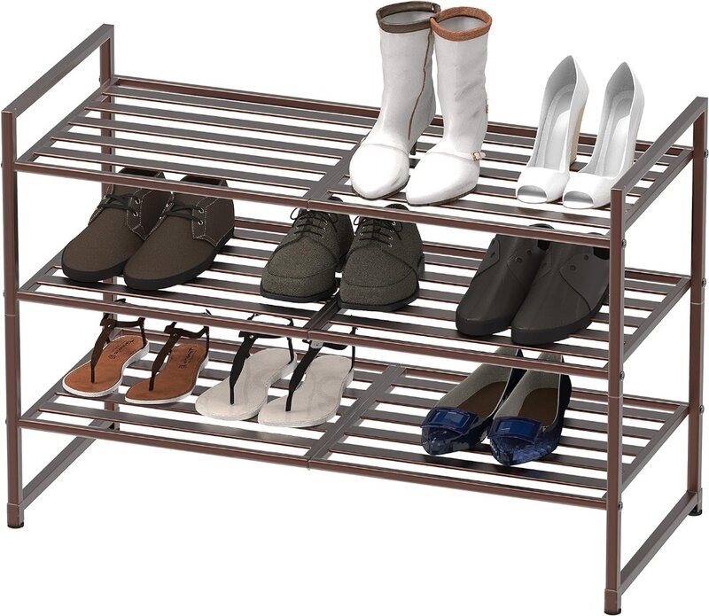 Simple  Shoe Cabinets Houseware 3-Tier Stackable Metal Panel Shoes Rack, Bronze  Home Furniture