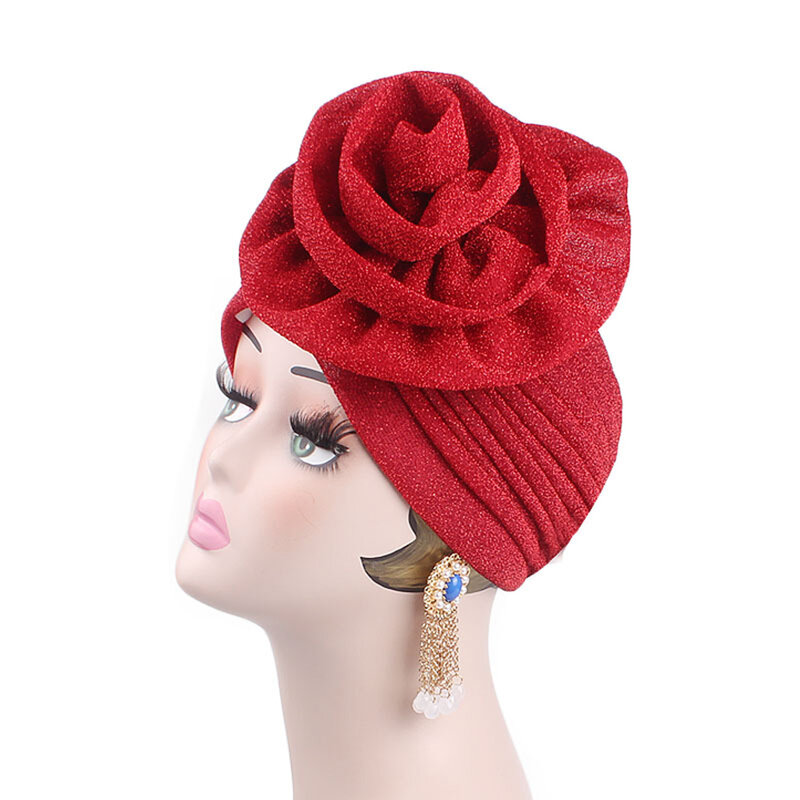 Topi kupluk Kemo wanita, Turban elastis Glitter bunga besar warna Solid elastis penutup kepala