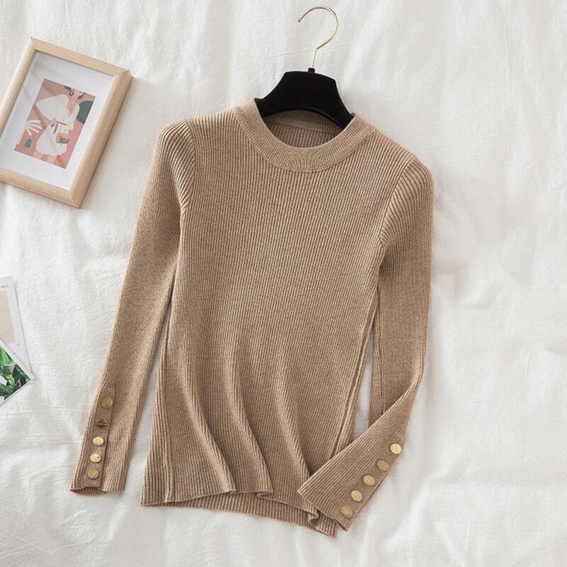 Solid Color Knitted Top Stylish Fall Winter Women's Crew Neck Sweater with Long Sleeves Button Decor Slim Fit Knitted for Neck