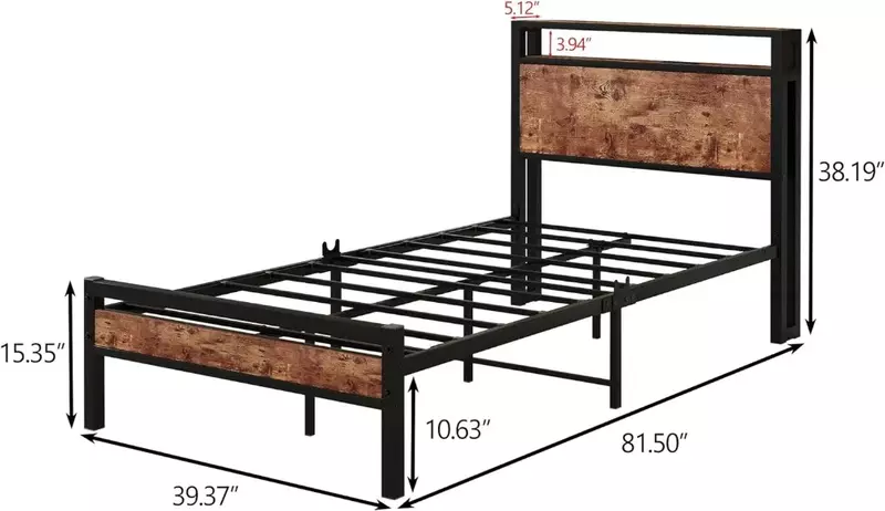 Strong Steel Bed Frame com Armazenamento Cabeceira, Estação de Carregamento USB, Plataforma Única, Twin Size, No Box Spring Needed